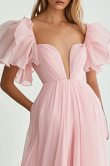 Pink A Line Chiffon Ruffled Long Formal Dress with Sleeves